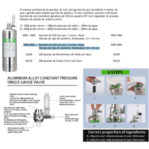 Kit Gerador de CO2 com Garrafa de Aço 2Lts e manómetro